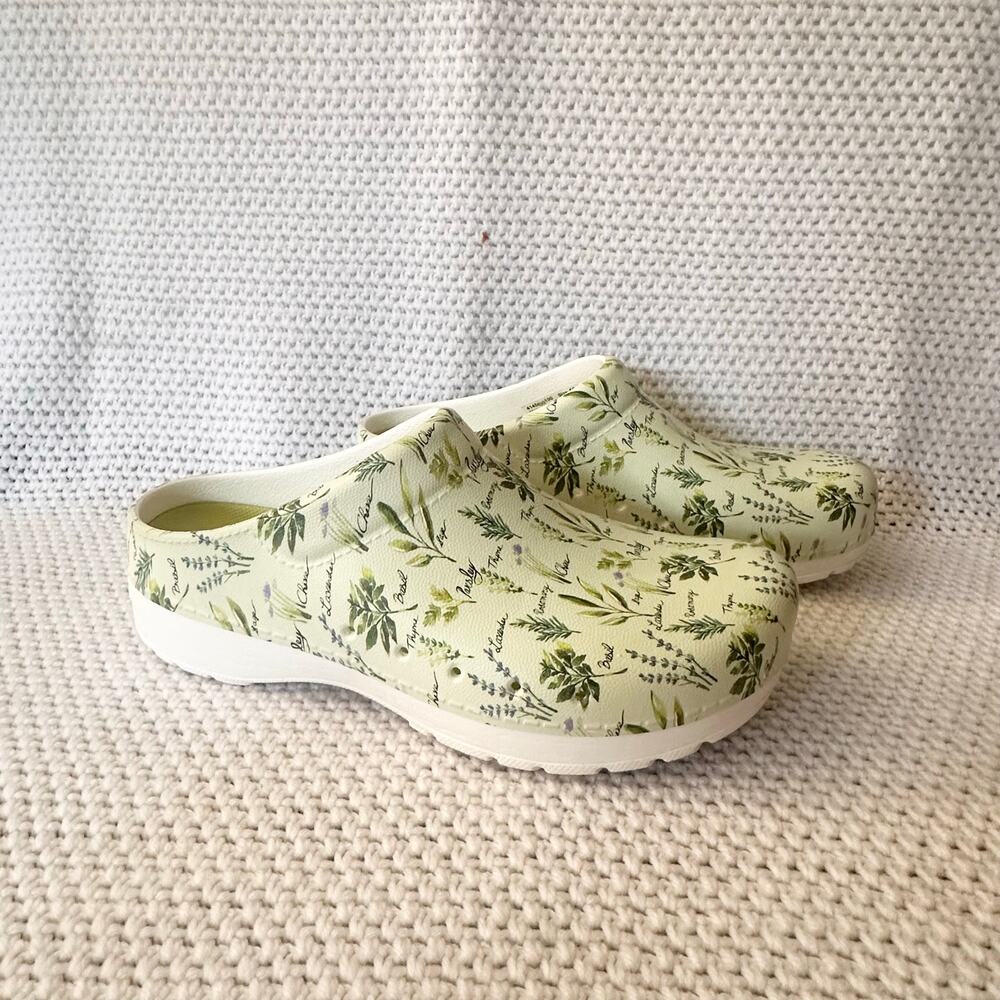 Dansko NWOB Kane Slip On Garden Clogs Cream Green Herbs Botanical Print 42